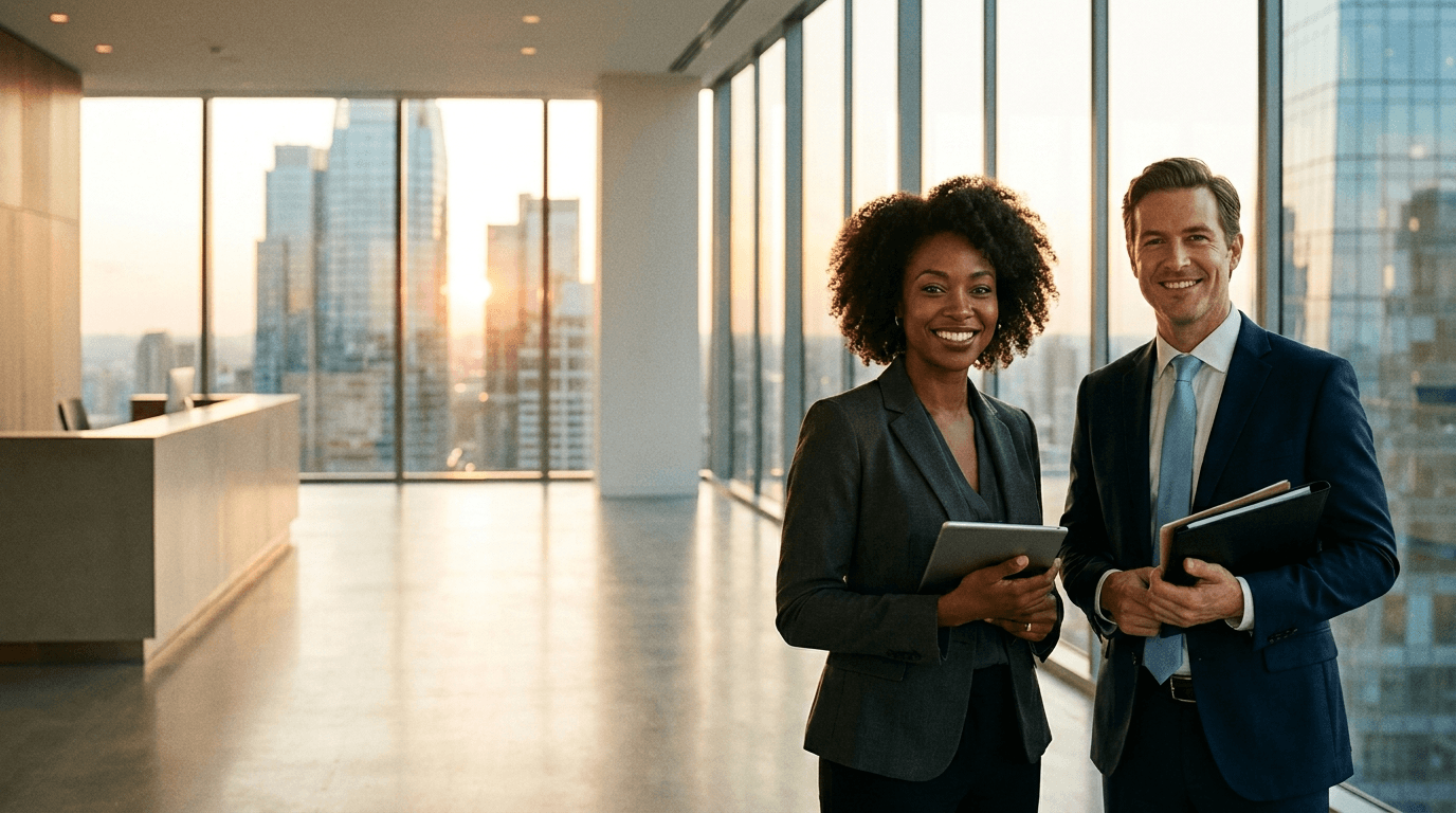 Two confident PHAX agents in a modern high-rise office at golden hour