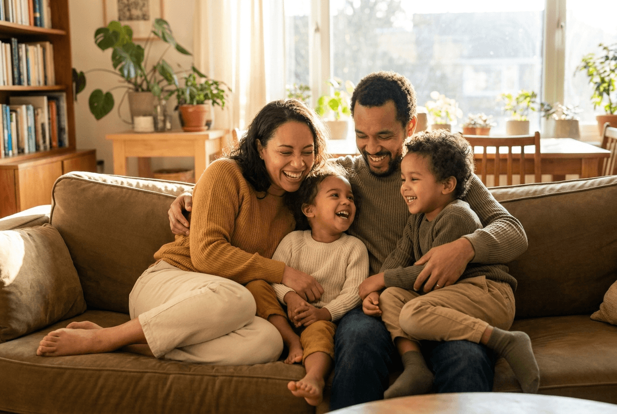 Parents and two children laughing together on the sofa at home